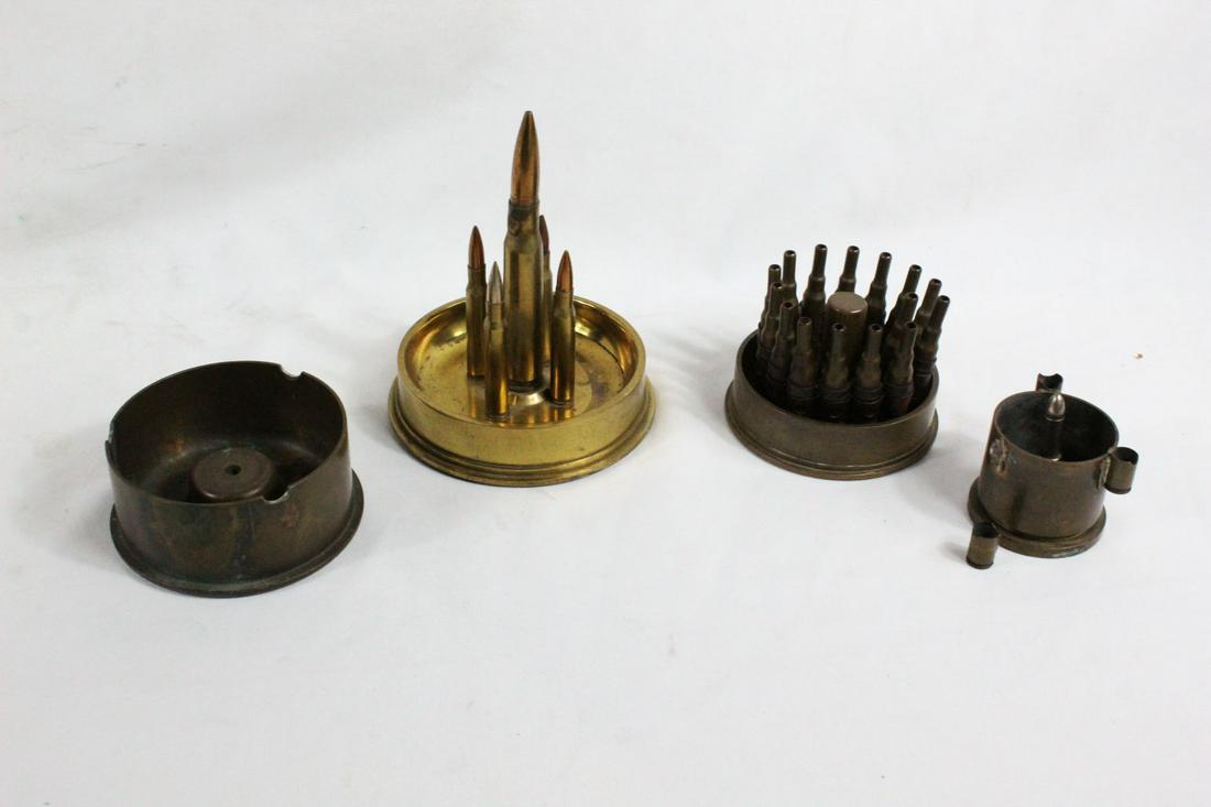 4 Trench Art Ashtrays w/ Rare German Flak 88: Four ashtrays made from WWII artillery and cannon shell bases, one British, two American, and one super rare German flak 88. Good condition for age, brass has heavy patina and wear from use. Neat inst