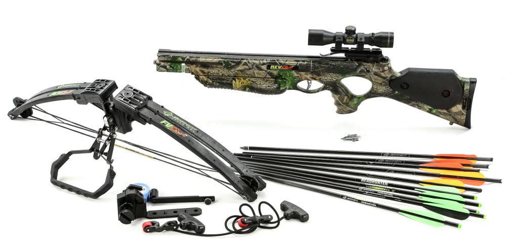 Barnett Revolution AVI Crossbow 150 lb.: Includes case, 12 arrows, scope, string wax and cocking string that reduces cocking force required by 50%. Like new condition.