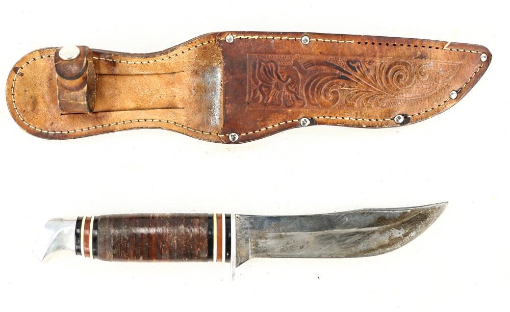 Schrade Fixed Blade Knife: Overall good condition. Leather grips. Aluminum pommel and ricasso. Blade has some staining and scratches. Good tip. Leather sheath has some stitching loss. Blade measures 4.5", overall measures 8.625