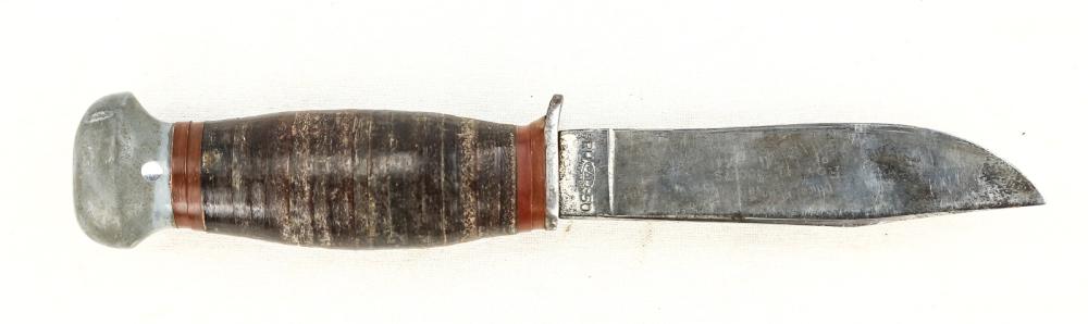 PAL RH-50 Fixed Blade Knife: Marked official Boy Scout of America on blade. Overall good condition. Leather grip. Aluminum pommel and ricasso. Blade in good condition has been sharpened, good tip. Blade measures 4.5", overall mea