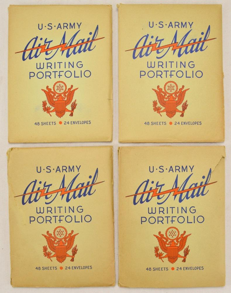 Lot of 4 WWII US Army Air Mail Writing Portfolio: Each portfolio contains 48 sheets and 24 envelopes. Portfolios are worn but intact. See photos.