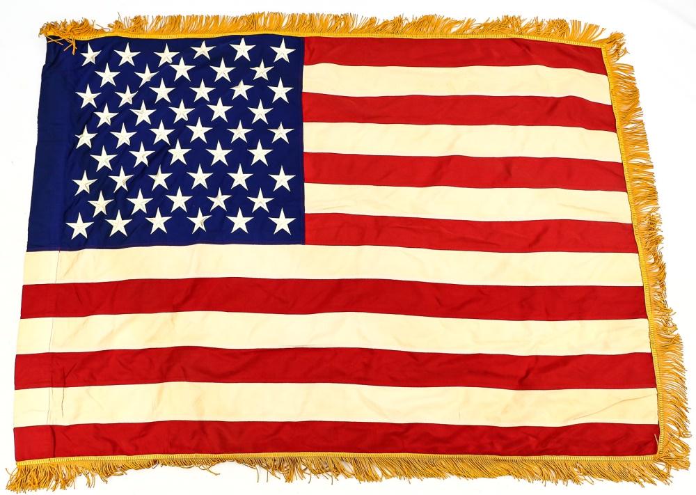 Lot of 2 US Flags: Lot of 2 US flags. Lot includes a 50-star American flag (50x36.5”) and a WWII style 4-star US Air Force general flag (47x35”). Flags have sleeves for mounting on poles and have yellow tassels on t