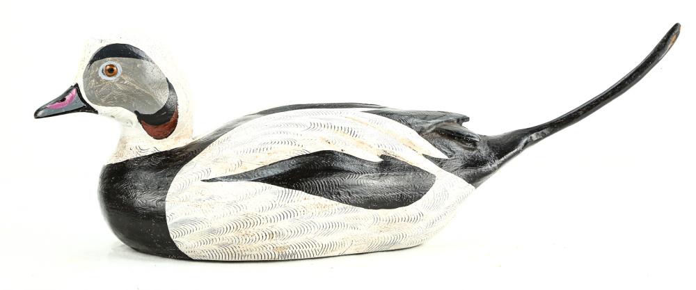 Long Tail Duck Decoy: A hollow body, long tail duck decoy made by Charles Moore of DeKalb, IL. Flat bottom is marked "'96, Chas Moore" in black handwriting. Decoy has detailed carving and has very good condition, original