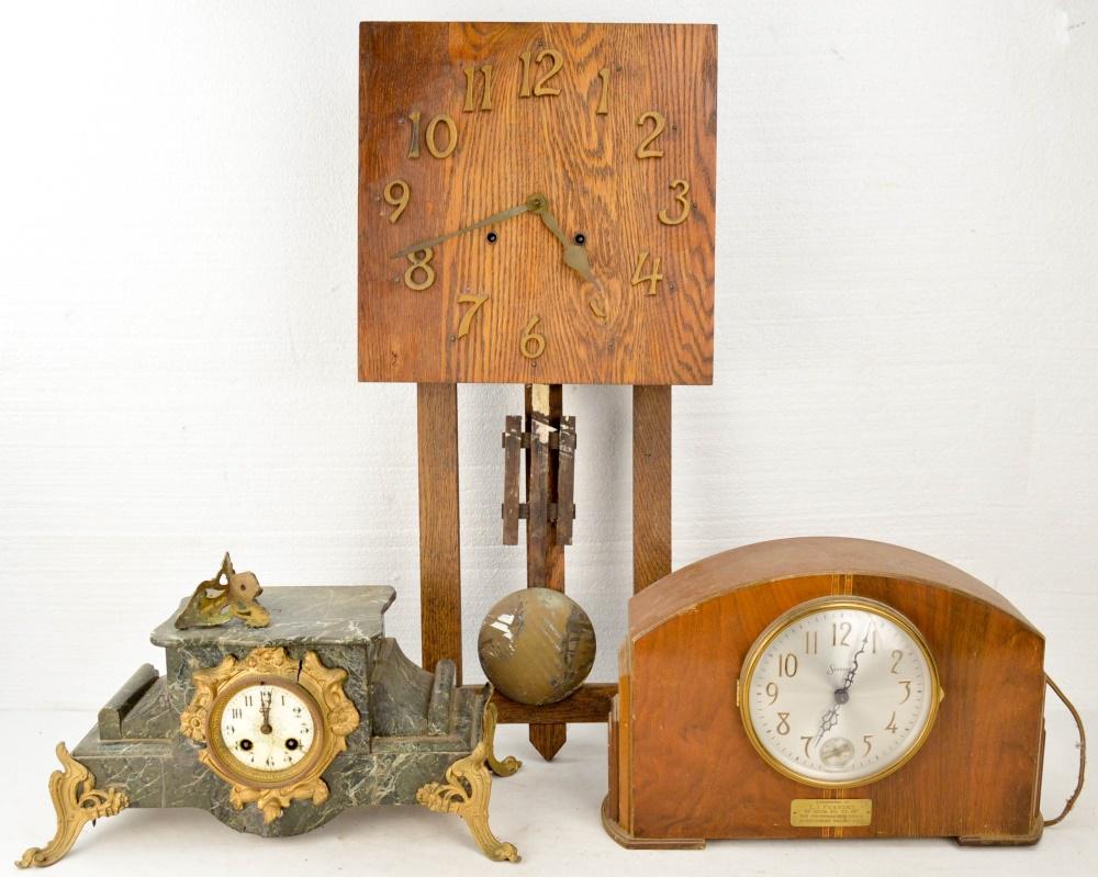 Lot of 3 Antique Clocks: Lot includes a stone framed clock, a Sessions No. 121 FJ Model D electric clock, and a wall clock from an unknown manufacturer. Stone framed clock has a chip on the top piece in the back left corner a