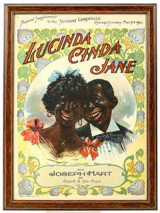 Lucinda Cinda Jane Poster: Lucinda Cinda Jane poster made in 1901. Lucinda Cinda Jane is a song written by Joseph Hart in 1894. Song is for a piano and singer. Poster says “Musical Supplement to the Sunday Chronicle Chicago,