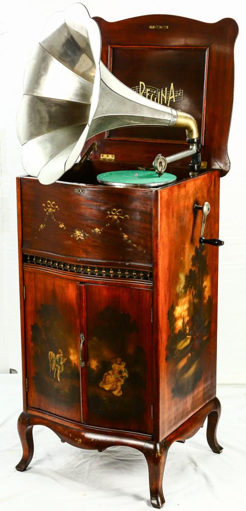 Reginaphone Style 140 Music Box/Phono Combo: Reginaphone Style 140 music box/phono combo. Outstanding style 140 combo unit in a seldom seen mahogany floor unit. Records show this unit was shipped from the company to San Francisco in 1908. In ove