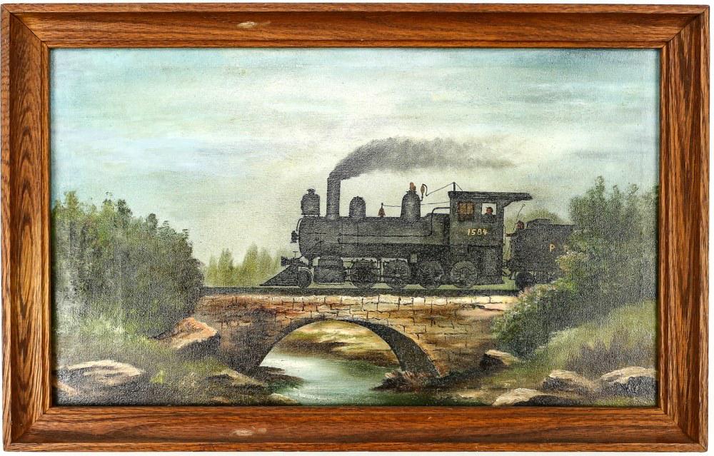 Locomotive Oil Painting: Locomotive oil painting depicting a steam locomotive crossing over a small bridge. Unknown artist, but has wording on the back of the frame saying “The pay engine took paymaster then railroad yards 