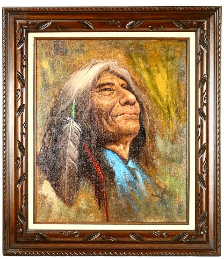 Framed Oil of Native American: Contemporary oil on board portrait of Native American gazing skyward. Signed lower right by Mornado. Image measures 24" tall, 19" wide. Carved wood frame measures 32" tall, 28.5" wide.