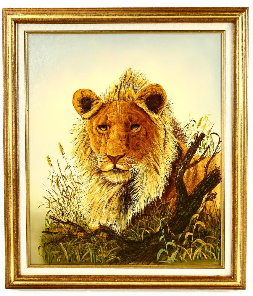 Framed Oil of a Lion: Framed oil on canvas, unsigned. Image measures 23.5" tall, 19.5" wide.