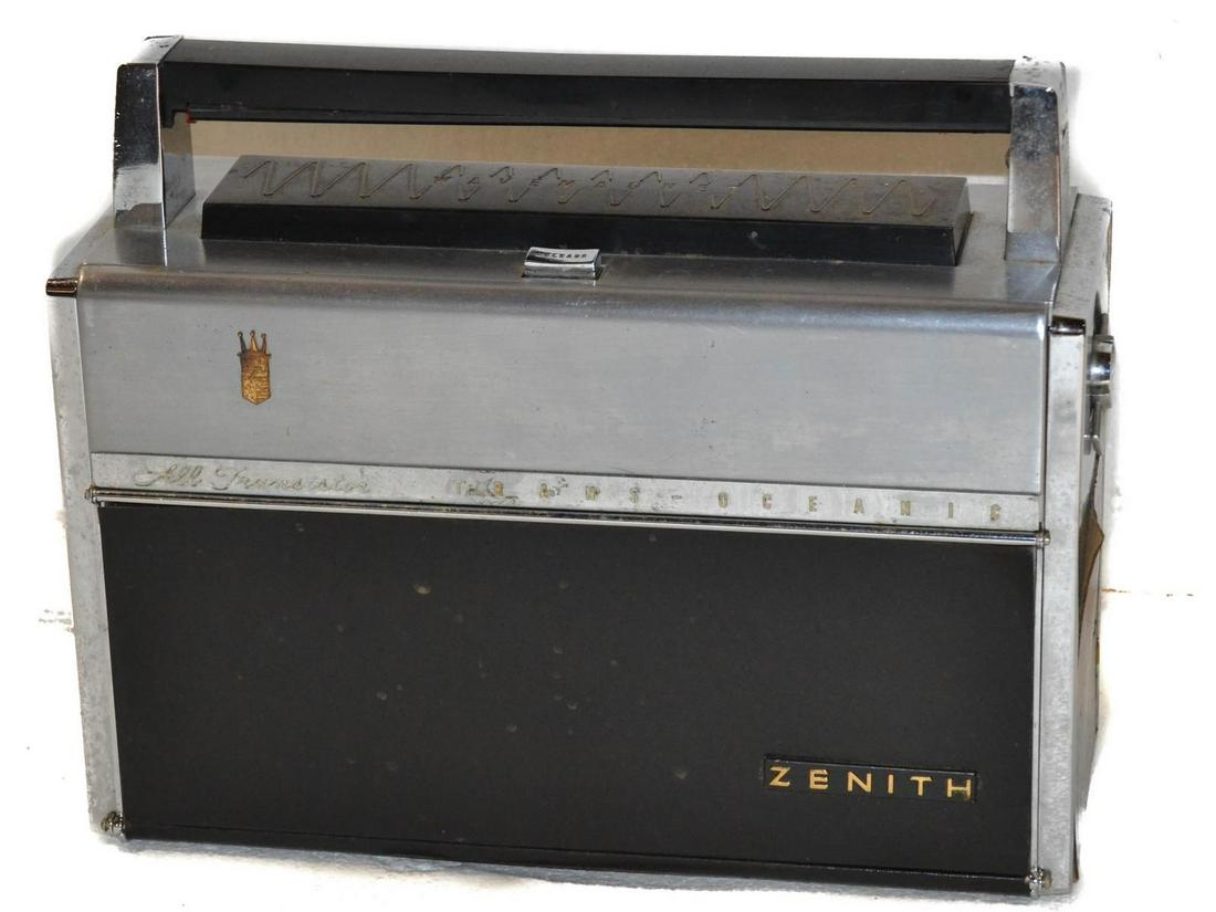 Zenith Royal 1000 Portable Radio: Fair condition. Crack in handle. Pitted chrome. No visible damage in battery compartment. Untested. See photos.