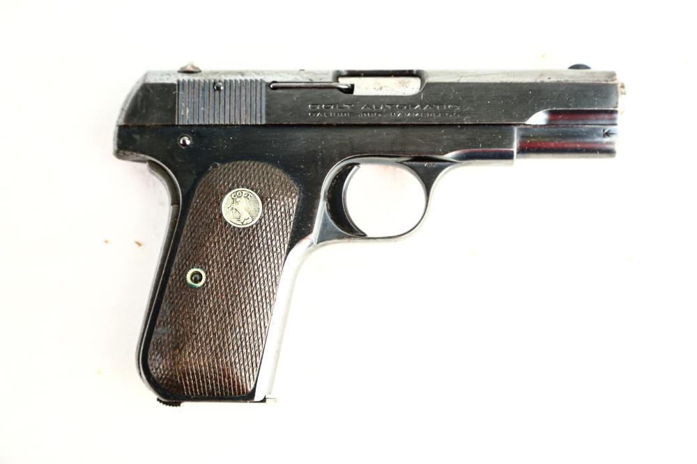 Colt 1908 Pistol .380 ACP: A Colt 1908 Hammerless pistol in .380 ACP. Markings and Colt logo are clear and pistol has wooden Colt grips. Finish is worn on edges with some oxidation on edges and grip safety. Pistol has a shiny b