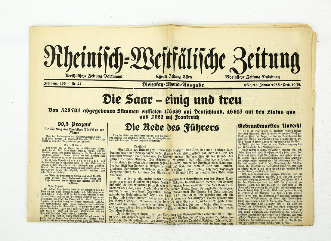 Pre-WWII German Newspaper: Pre-WWII German newspaper dating 15 January, 1935. Paper is slightly yellowed with age but is still in very good condition. Has a few small rips along the creases. Has been folded. See photos. Due to