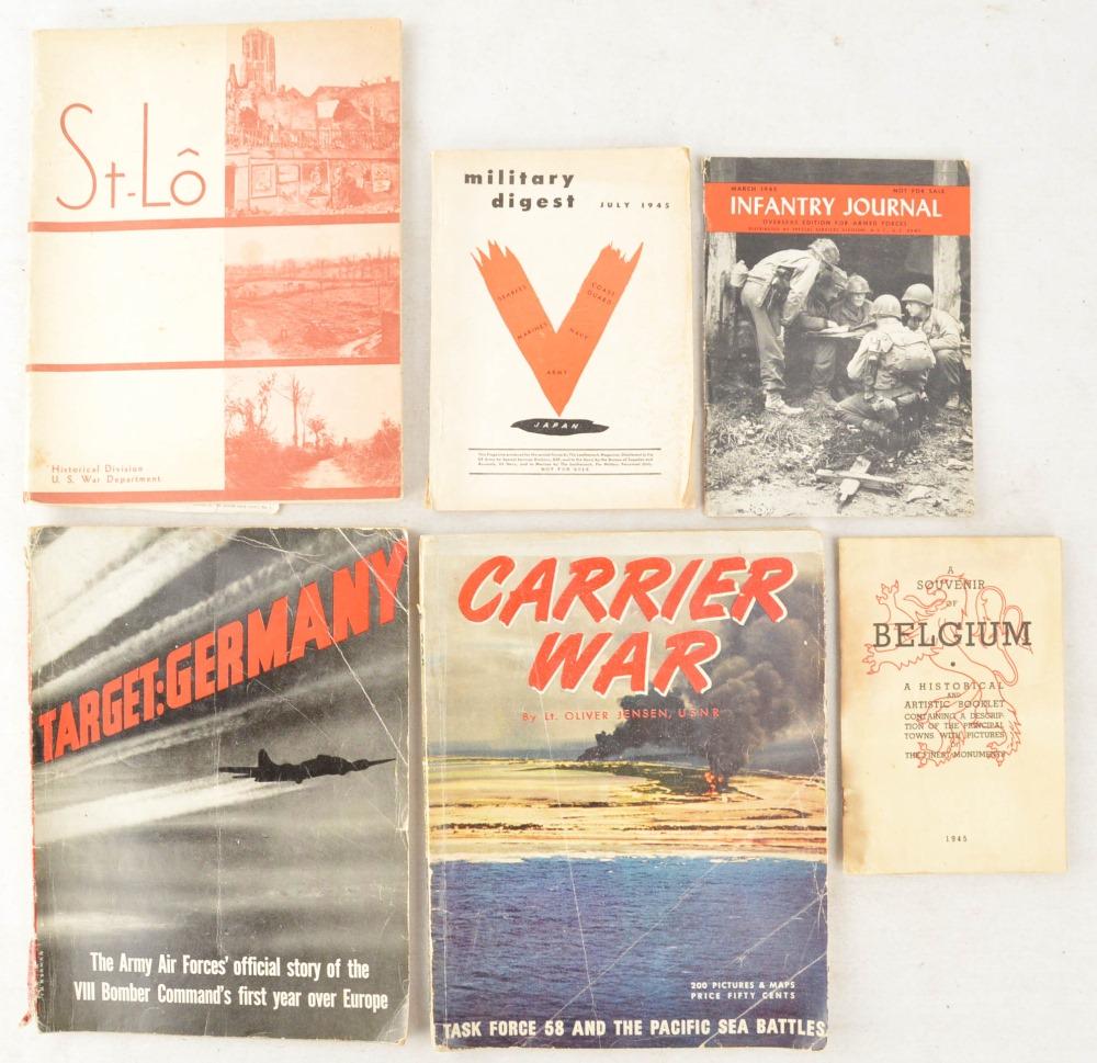 Lot of 6 WWII US Books: Lot contains the following books: "A Souvenir of Belgium" containing historical locations and photos dated 1945, a March 1945 Infantry Journal for US infantryman, a July 1945 Military Digest magazine,