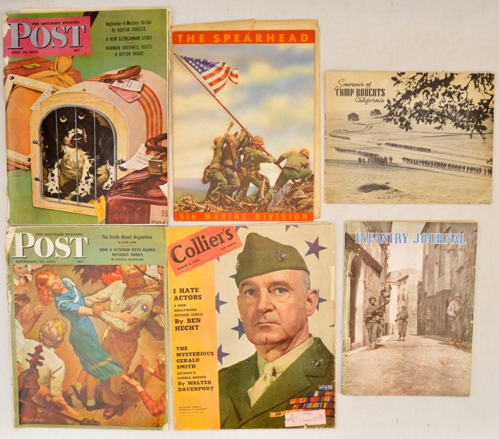 Lot of WWII Magazines: Lot of WWII magazines from Infantry Journal, December 1944, Collier's, March 4, 1944, The Spearhead, Souvenir of Camp Roberts California, and 2 The Saturday Evening Post, July 15 and November 25, 1944