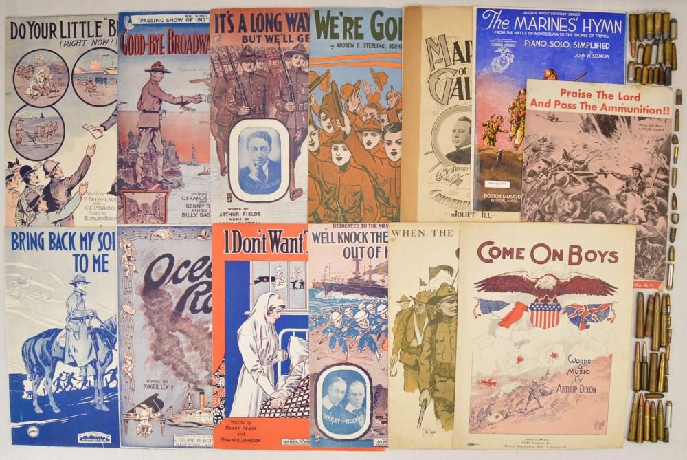 Lot of WWI-Era US Sheet Music: Lot of WWI-Era US Sheet Music containing 13 separate songs of sheet music in very good condition, great graphics on covers.