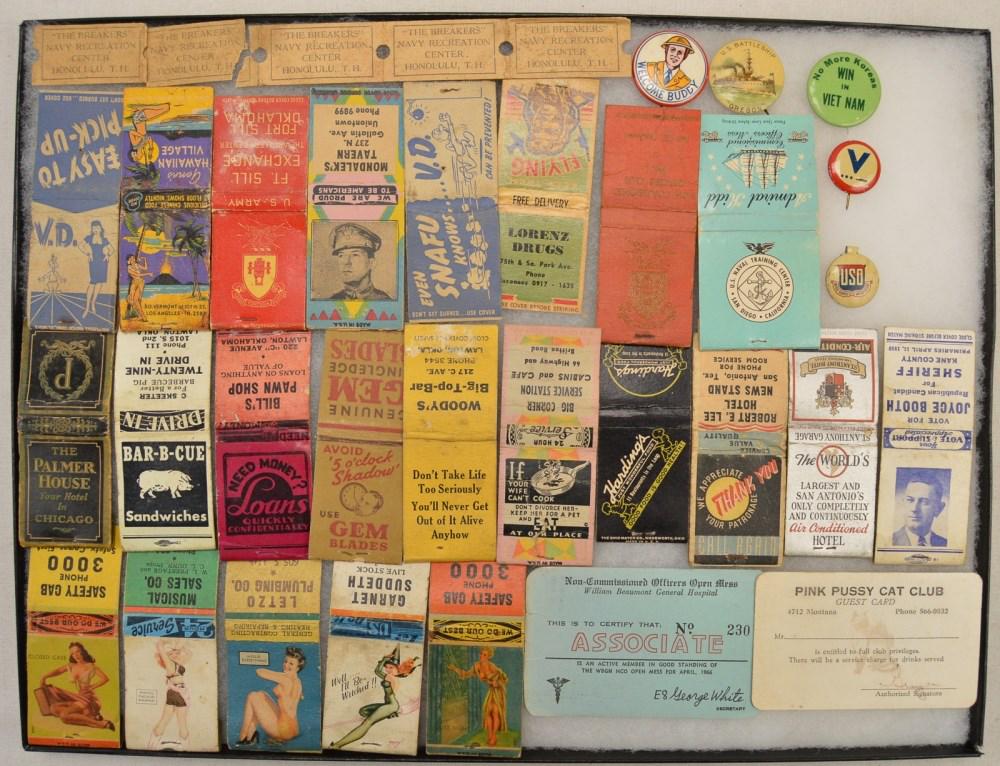 Lot of US WWII Matchbook Covers: Lot features 23 US WWII matchbook covers, 2 associate cards with one being for the William Beaumont General Hospital, 5 pins, and 5 tickets to ""The Breakers" Navy Recreation Center, Honolulu, T. H.".