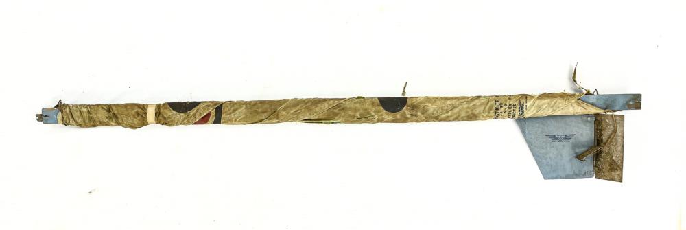 US Navy Mk I Target Kite: Shaped like a Japanese Zero fighter. Used to train Navy aerial gunners. Made by Ballard Aircraft. Appears to be still wrapped from WWII. Canvas material is torn in numerous places from age and wear. S