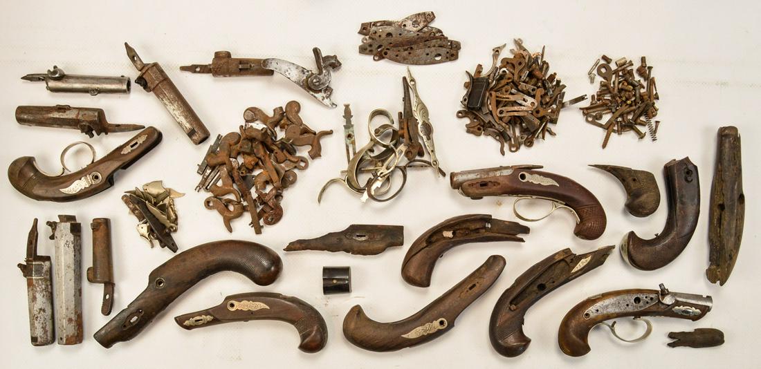 Lot of Misc. Derringer Pistol Parts: Lot contains various parts for derringer pistols including barrels, lock plates, hammers, screws, trigger guards, and more. Most of the barrels have some rust and parts vary in condition. Check local 