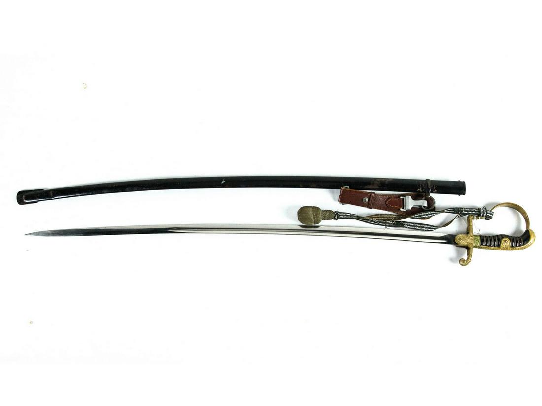 Nazi Army Officer's Sword Eickhorn Blade: With brown leather hanger and sword knot. Blade has one nick, scabbard has one dent 3" from drag, overall very nice, minor paint loss.