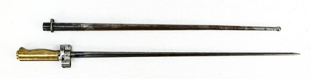 French 1866 Lebel Bayonet: Brass handled with blade retaining some of its bluing. Non matching scabbard in good condition. Blade measures 20.5".