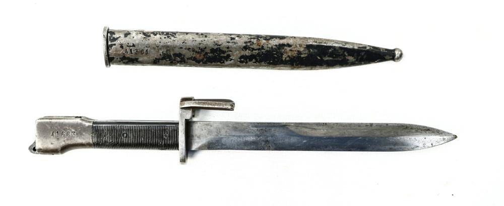 Belgian FAL M1965 Bayonet: Export bayonet used by Portugal, blade in good condition, pommel and scabbard are non matching numbered, plastic grips show heavy usage, scabbard retains 50% of the black paint. Blade measures 8".