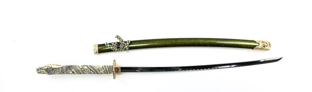 Chinese Fantasy Sword: Resin hilt with dragon image. Gold colored mounts. Scabbard painted pearlized green. Curved blade marked Stainless Steel Taiwan. Overall measures 42", 28" blade.