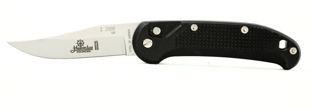 Hubertus Z 2000 Side Opening Switchblade: Hubertus Z 2000 coil spring switch blade. Discontinued in 2015. Serial number 120. Made in Germany. Steel of Sweden on tang. Excellent condition. See photos.