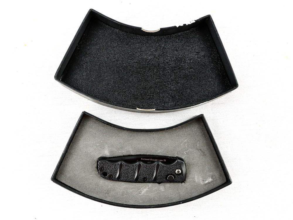 Boker Kalashnikov Side Opening Switchblade: Boker Kalashnikov knife switch blade. Tanto blade partial serrated. All black. Made in Taiwan. New in box. See photos.