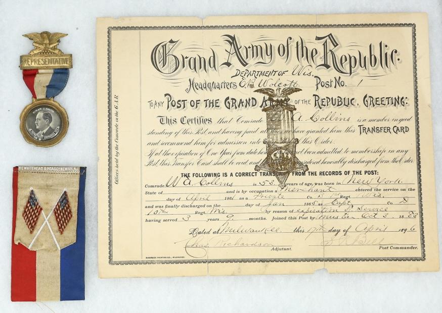 Wisconsin G.A.R. Grouping: Grouping includes original G.A.R. greeting from Wisconsin post #1 dated April 1896, 46th encampment medal from 1912 attributed to Antigo Wisconsin Post. Overall good condition, see photos.