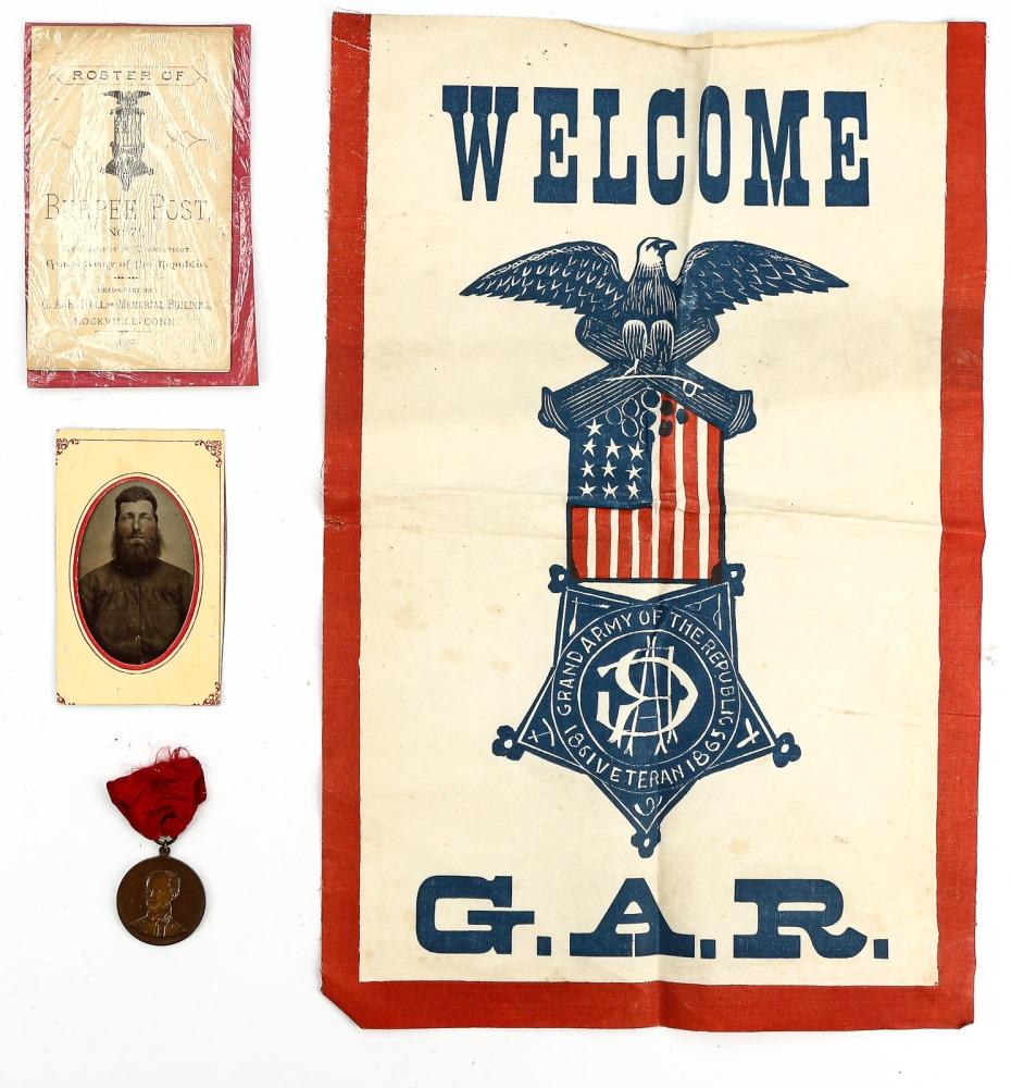 GAR Memorabilia: Lot includes a Welcome G.A.R. banner, a roster of Burpee Post, No. 71 of the GAR, a 29th annual encampment, department of Illinois medal and ribbon, and a photograph. Banner is in good condition with