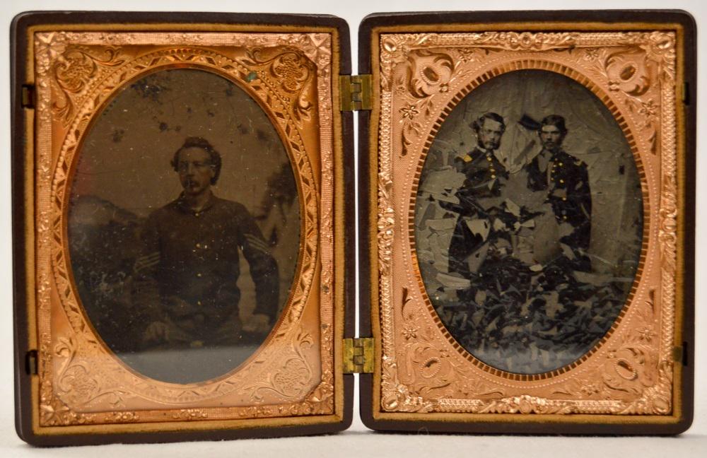 1/4 Plate Double Image Civil War in Union Case: A beautiful Double image 1/4 plate union case with no chips or cracks, good hinges and clasps, good corners, housing an ambrotype of 2 Union officers and a tin of a Union Sergeant. The ambro is unfort