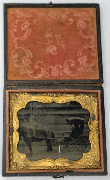 1/6 Tintype Horse & Buggy: Unique image of horse & buggy post civil war. Image has small scrape in lower center of plate. Overall good condition, see photos.