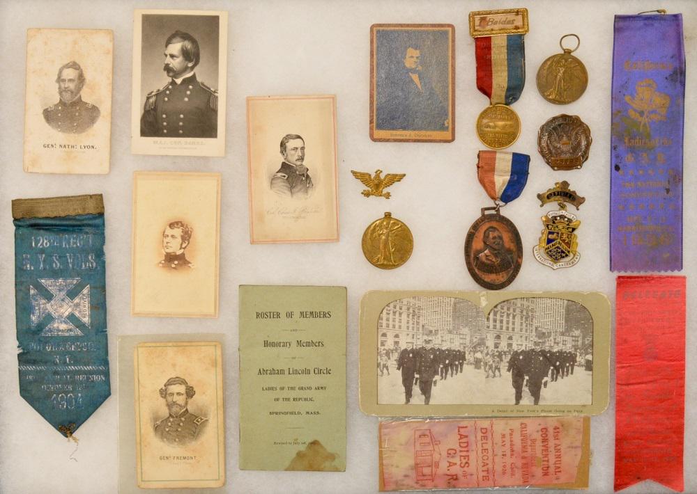 GAR Memorabilia and CDVs: Lot of GAR memorabilia and CDVs. Lot contains CDVs of General Nathaniel Lyon, Major General Banks, General Fremont, Major General Joe Hooker, Stephen A. Douglas, and Col Chas J. Biddle. Photos have so