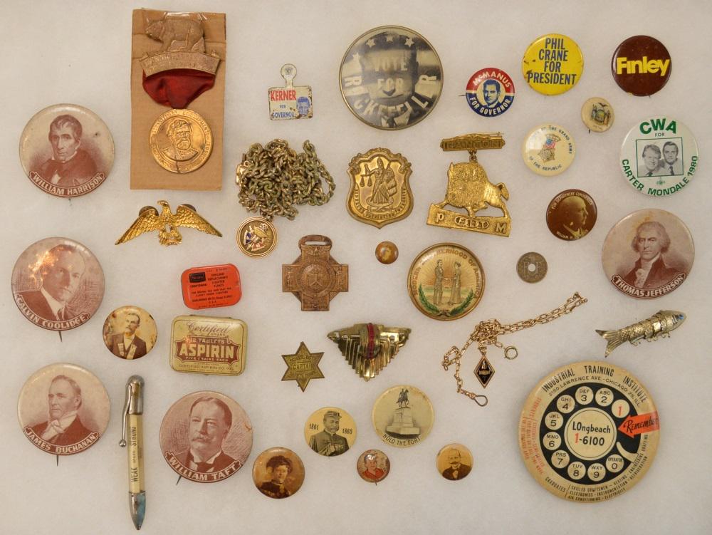 Lot of GAR Encampment Medal & Election Pins: Lot contains several presidential pins featuring Thomas Jefferson, William Harrison, Calvin Coolidge, James Buchanan, and William Taft. Lot also contains a GAR medal for the 37th National Encampment a