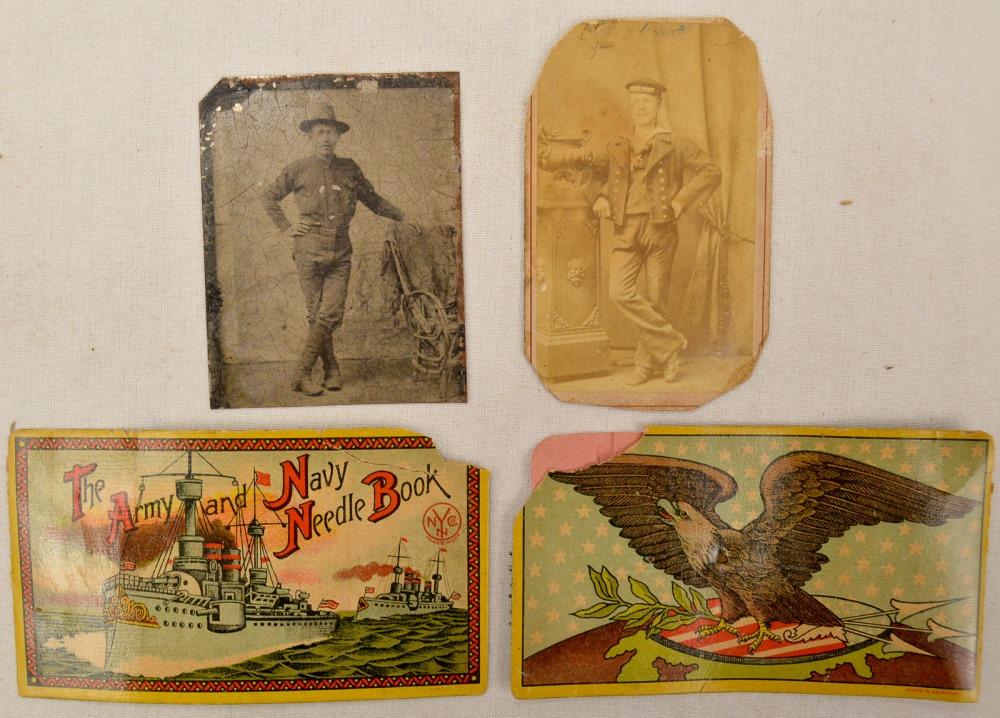 Lot of 4 Photo & Needle Packets: Includes 1 small tintype of a standing man in boots and cowboy hat, a CDV of a German sailor in uniform, a Army & Navy needle book, still containing sewing needles and a Queen Royal sewing book contai