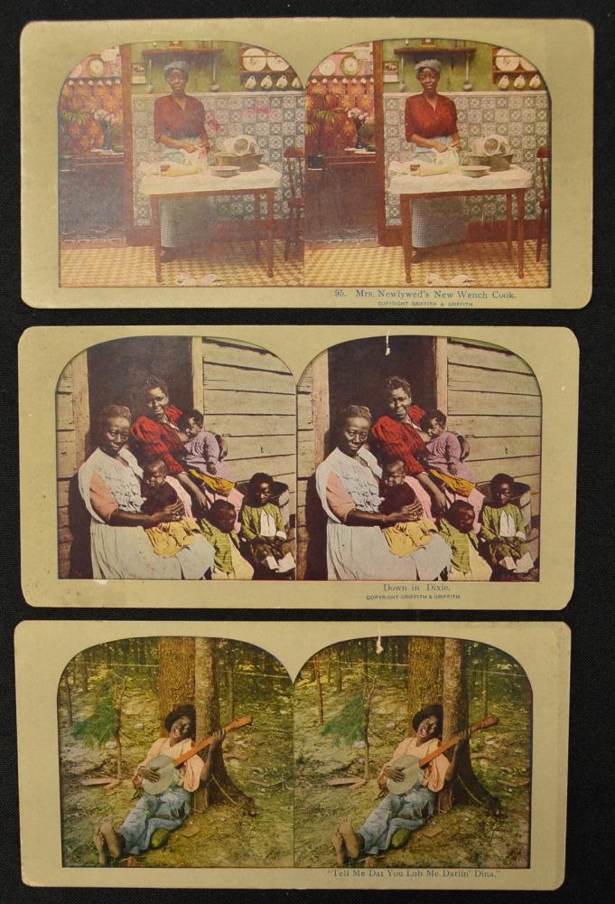3 Black Americana Stereo Cards: 3 circa 1900 photo litho cards Griffith & Griffith. See photos.