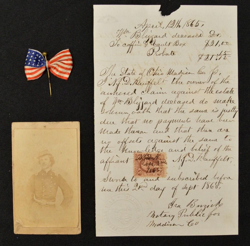 3 Piece Civil War Lot: This lot includes a CDB of a young CW Officer, a bowed flag on a pin, approx 1.5", and a letter from Madison County Notary Public in 1865. See photos.