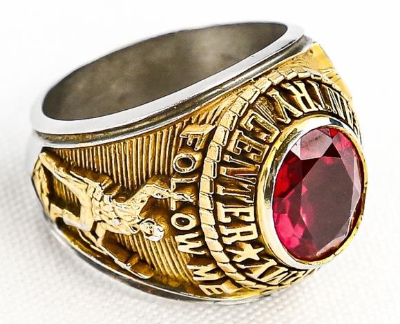 US Army Infantry Follow Me Ring: US Army Infantry Follow Me Ring, gold filled overlay with red cut stone in center, class ring-style, base metal unmarked, size 10, see photos.