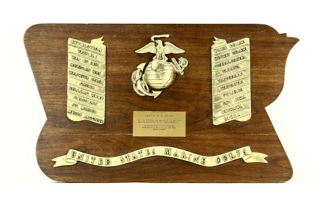 USMC Battle Plaque: A plaque detailing the campaigns that the USMC has participated in dating from the foundation of the US to the Korean War. Has a name plate reading "Presented to MGYSGT R. E. Geyer ". Very nice displa