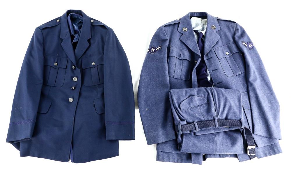 Post Vietnam Era USAF Dress Uniforms: This lot includes: 1 blue USAF dress jacket, long sleeve dress shirt, trouser, appears to be size L. USAF dress jacket appears to be size XL, light blue long sleeve dress shirt, tie, belt and trouser