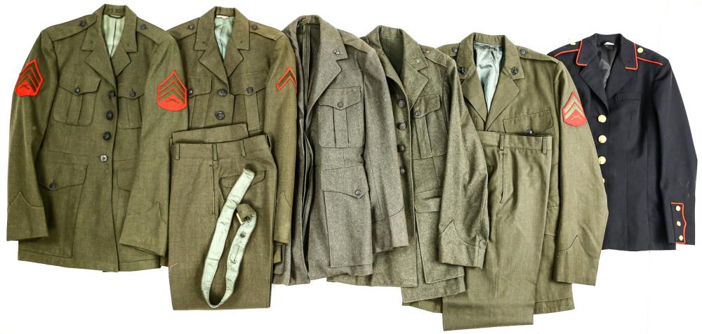 Assorted USMC Dress Jackets: This lot contains: 6 dress jackets w patches: 4 Vietnam, 2 WWII, Female Vietnam 10R. Vietnam sizes: XL jacket, 35XL trouser. V 35R, 29" x 34", appears L. WWII sizes: appears sized L, XL. See photos. A