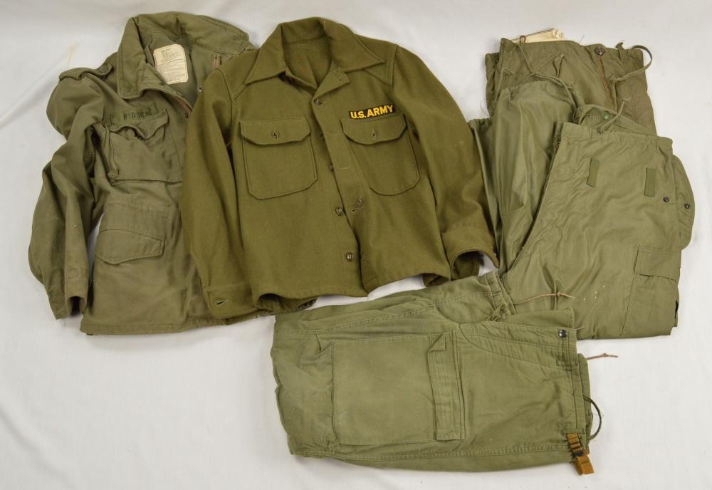 4 Vietnam US Army Trouser Shell & Field Jackets: This lot consists of: Army trouser shell in overall very good condition, sized Waist up to 30" and height 5'7"-5'10" or a small R. Next is marked 'inclement weather'. This one is marked 'Chemical Prot