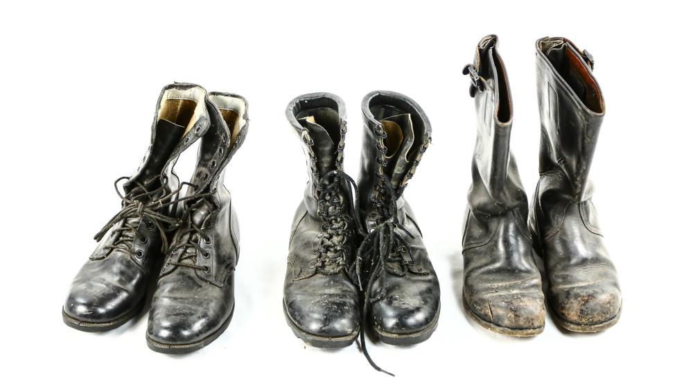 Military Boot Lot: 3 pairs of boots, two US and one foreign. Comes in US ammo crate. See photos.
