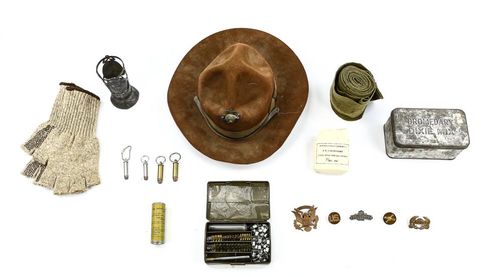 Lot of US Gear and Accessories: Included is a USMC drill sergeant hat, a pair of fingerless wool gloves, a St. Mel US cap badge and four other US pins. Also included is a fuel heating ration, an olive drab wrap, a rifle cleaning kit