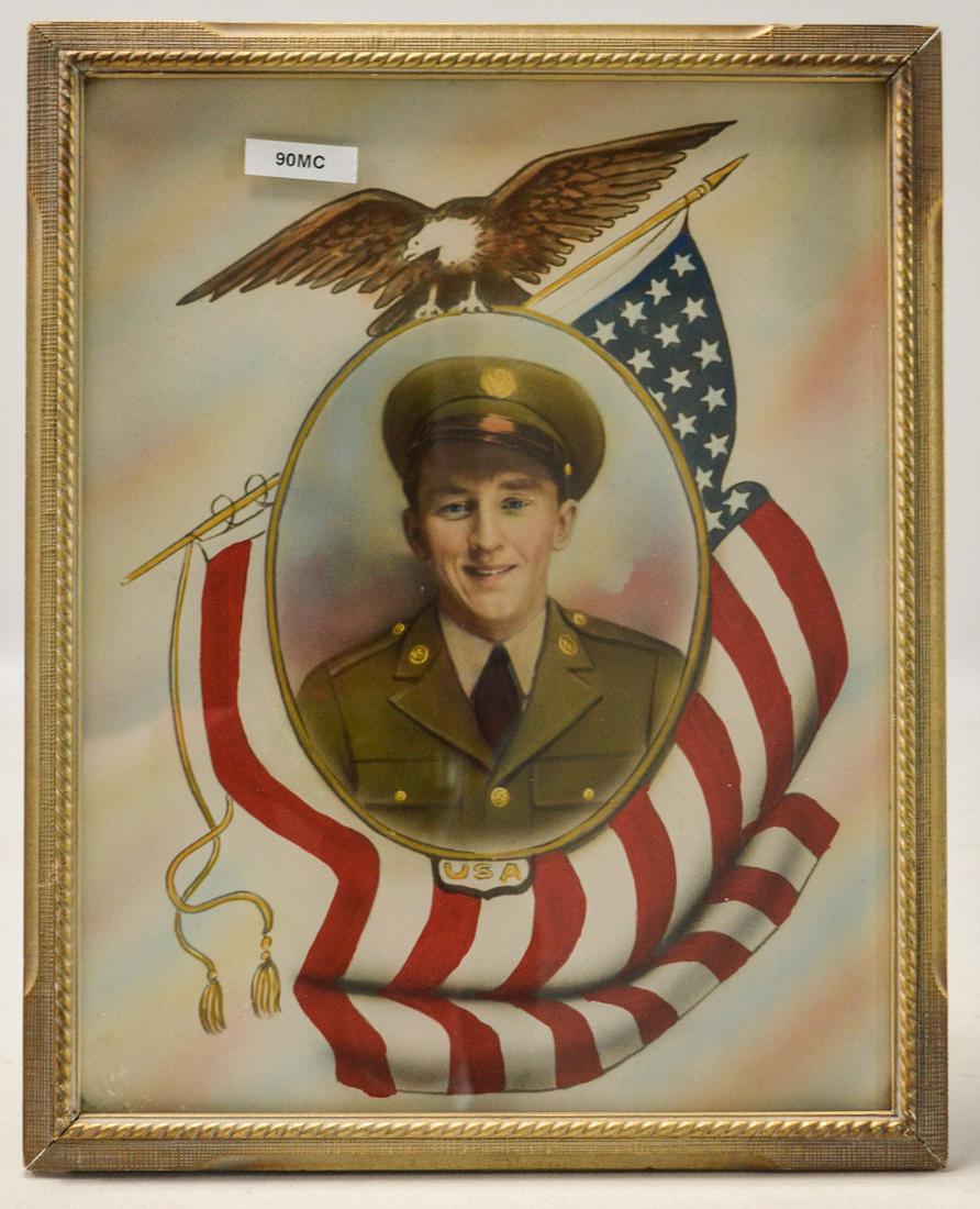 WWII US Army Framed Picture: WWII US Army framed picture of a soldier with the American flag in the background. Picture and frame are in very good condition. Measures 12x15". See photos.