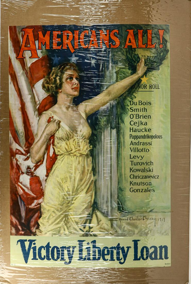 WWI Lithograph: WWI lithograph poster "Americans All! Victory Liberty Loan". Top and bottom edges have a few small rips and the top has a small piece torn off. Overall very good condition. See photos.