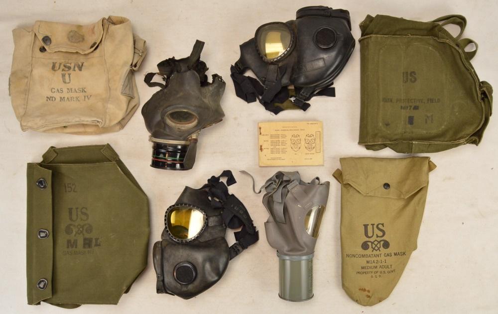 Lot of 4 US Gas Masks: Lot contains 4 US gas masks with respective carrying cases. Masks featured in lot include: USN ND Mark IV, US Noncombatant M1A2-1-1, US M9, and US M17 gas masks. Overall good condition. See photos.