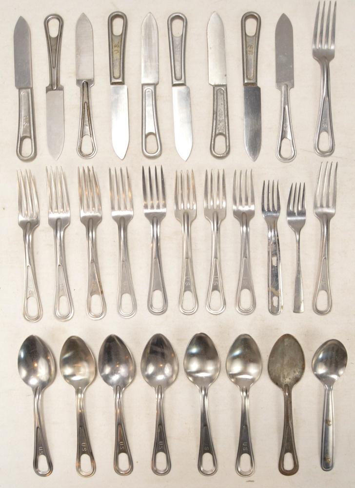 US Military Silverware Lot: Lot of military issue forks, knives, and spoons. Good surplus condition. Dates from 1930s to present day. See photos.