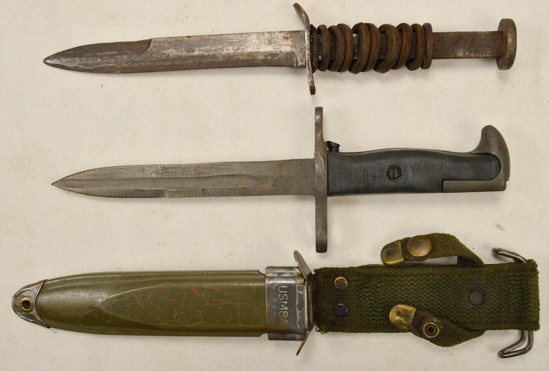 US M3 Fighting Knife & M1905E1 Bayonet: M3 knife has oxidized and worn blade with blunted tip. Blade edge has some minor nicks and blade is marked "U.S. M3-UTICA". Knife retains original crossguard and is missing the grip, having only bound