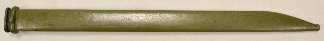 WWII Japanese Type 30 Bayonet Scabbard: A metal scabbard for a Japanese Type 30 bayonet. Scabbard has 90%+ of green paint finish with only minor wear. See photos.